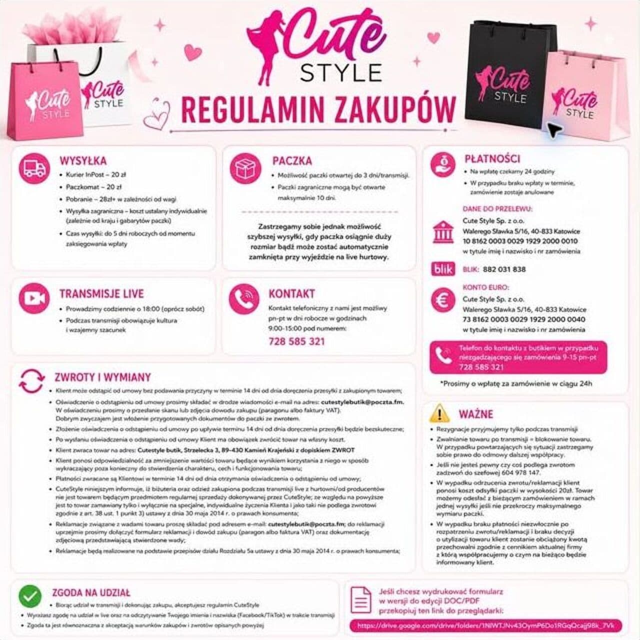 Regulamin zakupów Cute Style opublikowany przez firmę